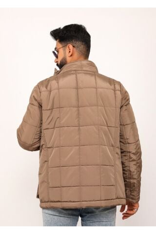 Lavivert Büyük Kareli Regular Fit Erkek Kapitone Mont Kaban Krem - S