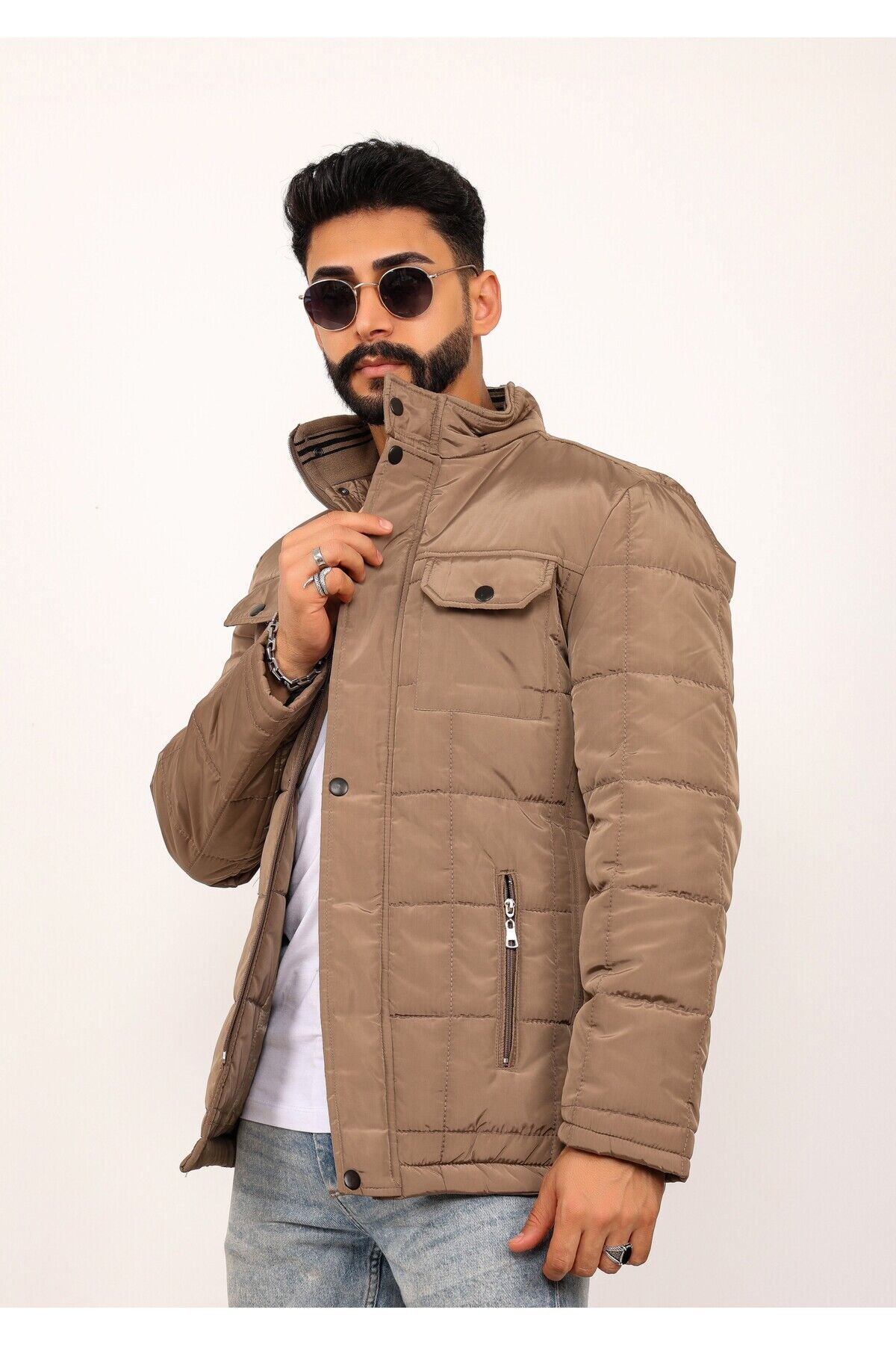 Lavivert Büyük Kareli Regular Fit Erkek Kapitone Mont Kaban Krem - S