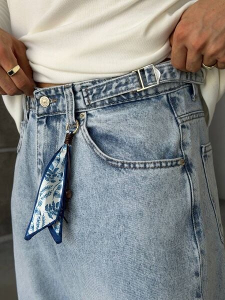 Erkek Mavi Tokalı Aksesuarlı Bol Denim Kot Pantolon L