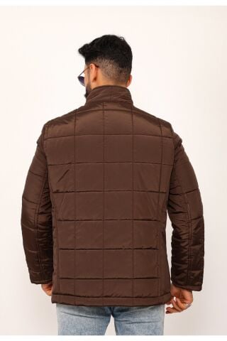 Lavivert Büyük Kareli Regular Fit Erkek Kapitone Mont Kaban Kahverengi̇ - S