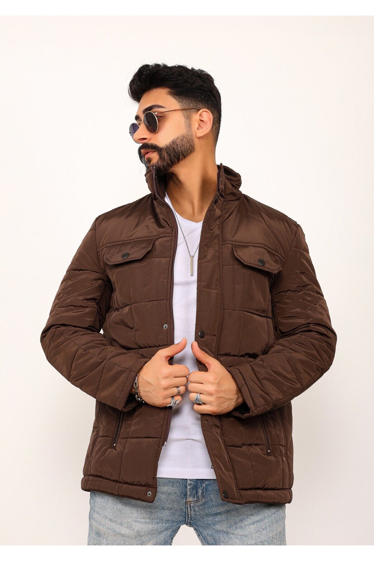 Lavivert Büyük Kareli Regular Fit Erkek Kapitone Mont Kaban Kahverengi̇ - S