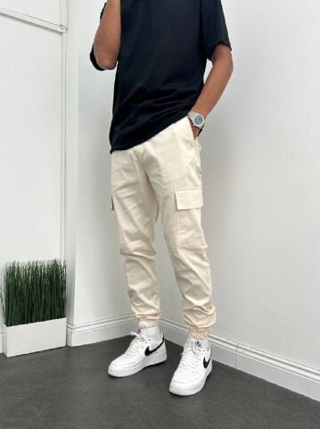 Erkek Krem Beli Ve Paçası Lastikli Jogger Panrolon S Beden S