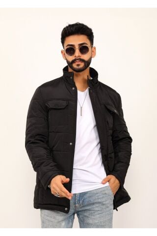Lavivert Büyük Kareli Regular Fit Erkek Kapitone Mont Kaban Si̇yah - S