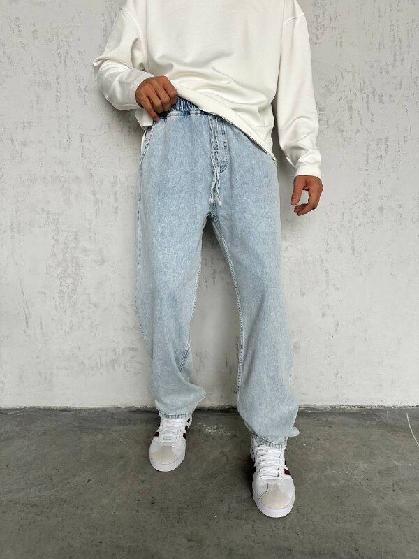 Erkek Mavi Kar YIkama Beli Lastikli Baggy Kot Pantolon M