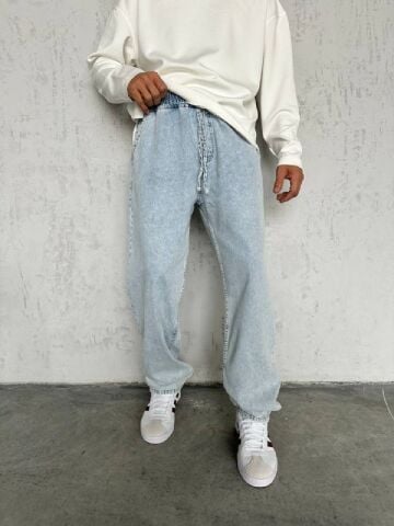 Erkek Mavi Kar YIkama Beli Lastikli Baggy Kot Pantolon M