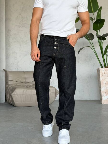 Erkek Düğme Detaylı Nakışlı Denim Kot Jean Pantolon Si̇yah - XL