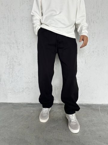 Erkek Siyah YIkama Beli Lastikli Baggy Kot Pantolon L