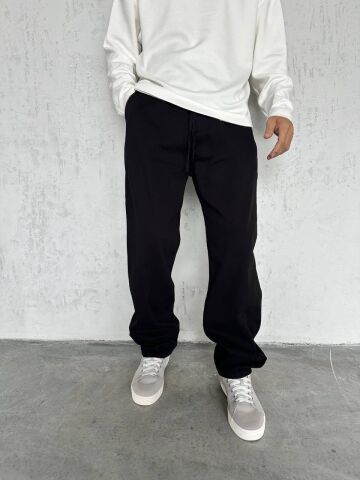 Erkek Siyah YIkama Beli Lastikli Baggy Kot Pantolon L