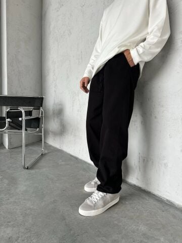 Erkek Siyah YIkama Beli Lastikli Baggy Kot Pantolon L