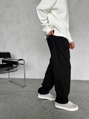 Erkek Siyah YIkama Beli Lastikli Baggy Kot Pantolon L