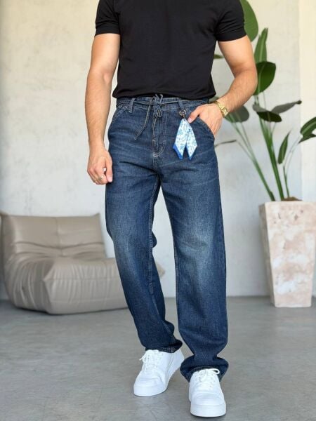 Erkek Baggy Bol Kalıp Kemer Detaylı Lacivert Denim Kot Pantolon L
