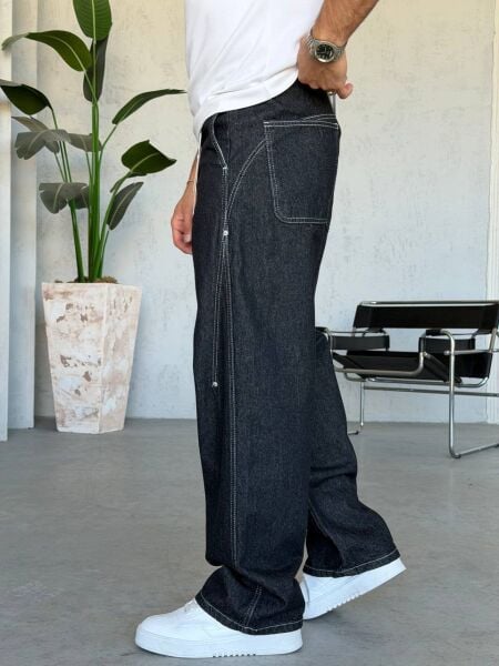 Erkek Bol Paça Nakışlı Denim Kot Pantolon Jean Si̇yah - XL
