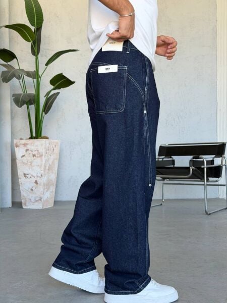 Erkek Bol Paça Nakışlı Denim Kot Pantolon Jean Laci̇vert - XL