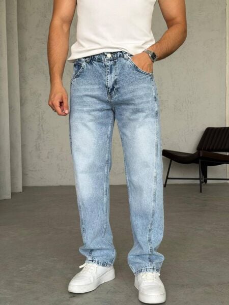 Erkek Denim Mavi Taşlamalı Dikiş Detaylı Kot Pantolon L