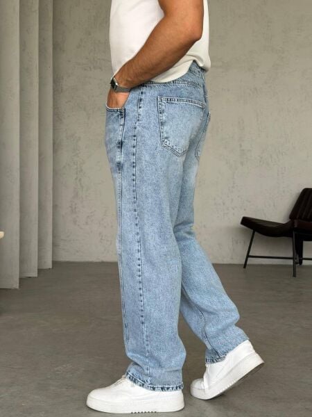 Erkek Denim Mavi Taşlamalı Dikiş Detaylı Kot Pantolon L