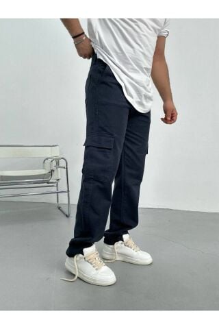 Erkek Gri Taş Renk Baggy Kargo Cep Pantolon Lacivert - 29