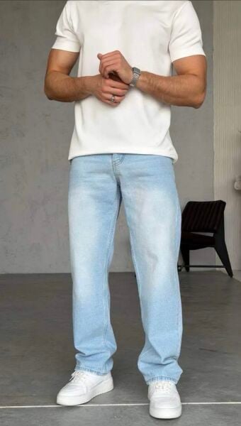 Erkek Taşlamalı Buz Mavisi Denim Baggy Kot Pantolon Jean L