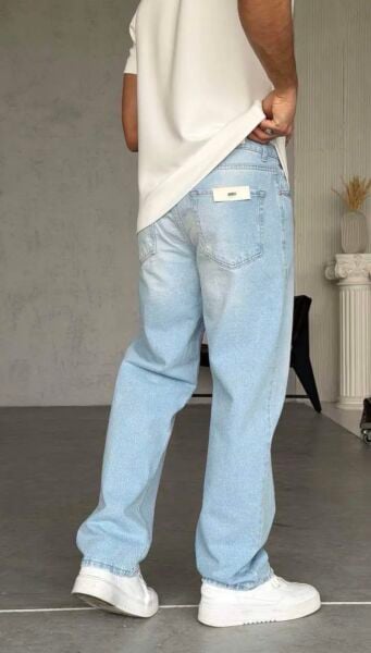 Erkek Taşlamalı Buz Mavisi Denim Baggy Kot Pantolon Jean L