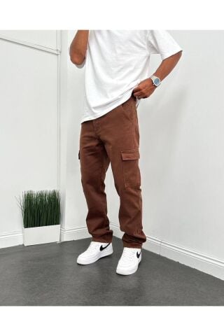 Erkek Gri Taş Renk Baggy Kargo Cep Pantolon Kahverengi - 36