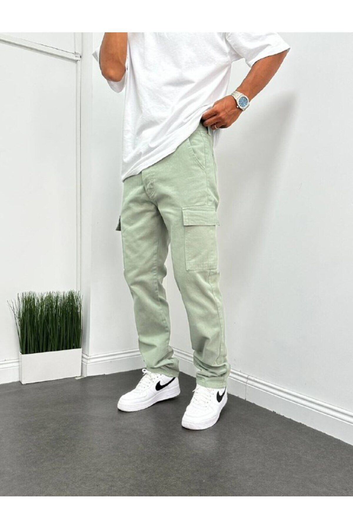Erkek Gri Taş Renk Baggy Kargo Cep Pantolon Su Yeşili - 29