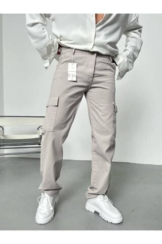 Erkek Gri Taş Renk Baggy Kargo Cep Pantolon Açık Yeşil - 30
