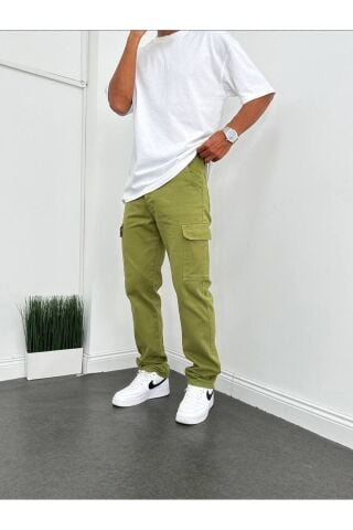 Erkek Gri Taş Renk Baggy Kargo Cep Pantolon Açık Yeşil - 30