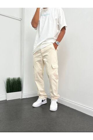 Erkek Gri Taş Renk Baggy Kargo Cep Pantolon Bej - 36