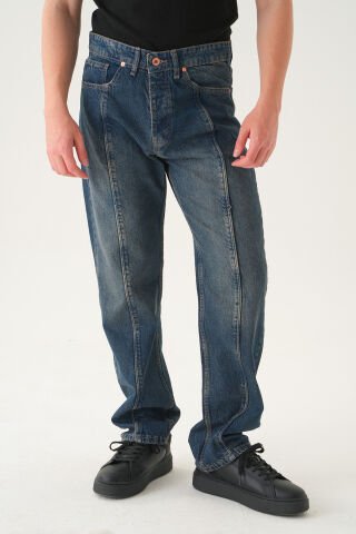 Normal Bel Dikiş Detaylı Baggy Jean | Bol Kesim Erkek Kot Pantolon XL - Laci̇vert
