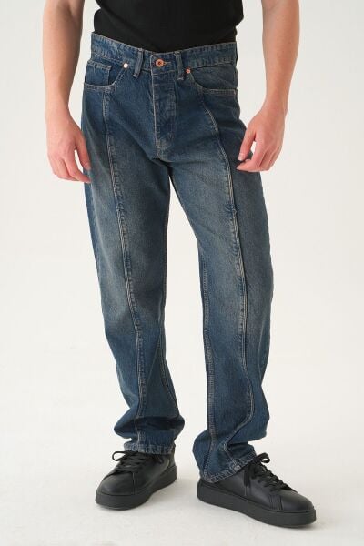 Normal Bel Dikiş Detaylı Baggy Jean | Bol Kesim Erkek Kot Pantolon L - Laci̇vert