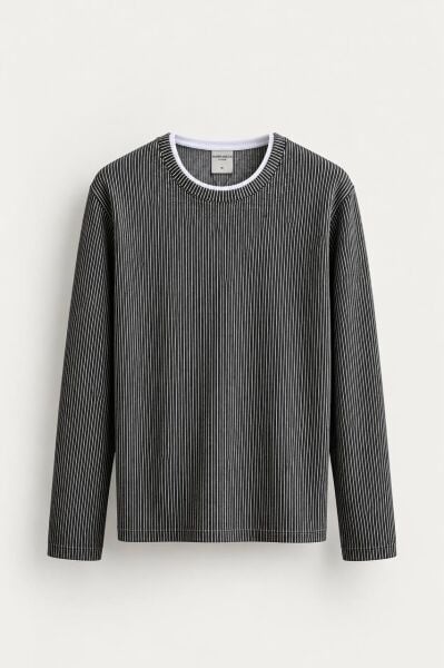 Erkek Bisiklet Yaka Çizgili Triko Oversize Kazak Si̇yah - XL