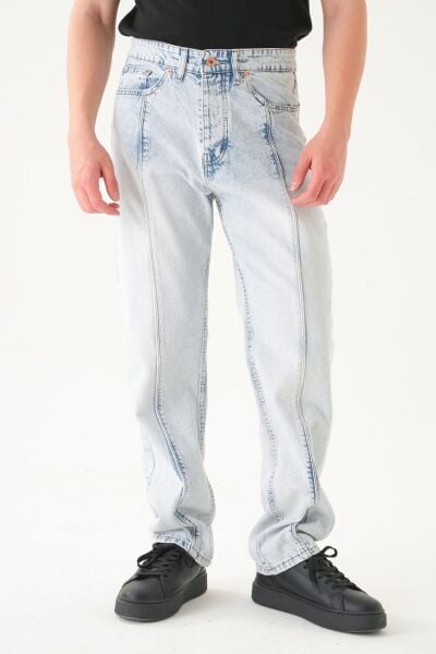 Normal Bel Dikiş Detaylı Baggy Jean | Bol Kesim Erkek Kot Pantolon L - Mavi