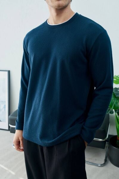 Erkek Bisiklet Yaka Çizgili Triko Oversize Kazak Laci̇vert - XL
