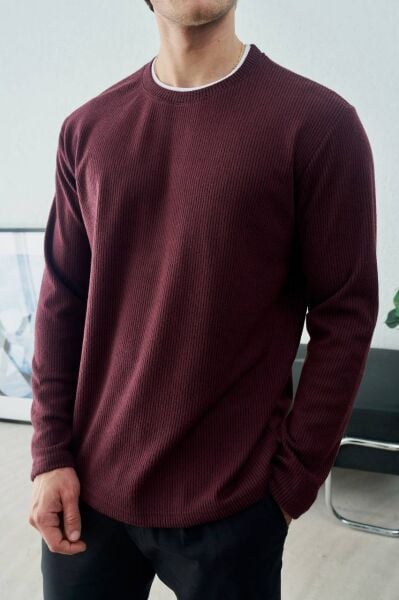 Erkek Bisiklet Yaka Çizgili Triko Oversize Kazak Bordo - XL