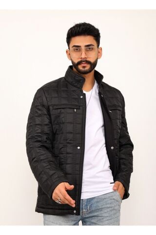 Siyah Kareli Regular Fit Erkek Kapitone Mont Kaban Si̇yah - S