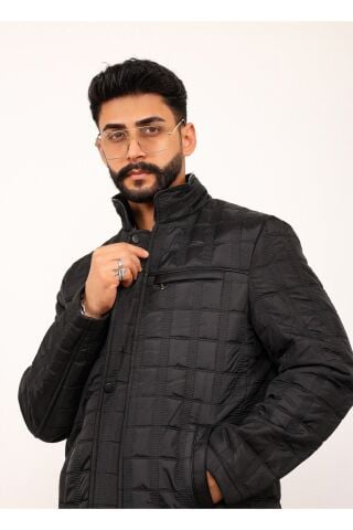 Siyah Kareli Regular Fit Erkek Kapitone Mont Kaban Si̇yah - S