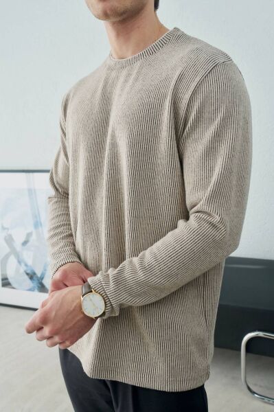Erkek Bisiklet Yaka Çizgili Triko Oversize Kazak Bej - XL