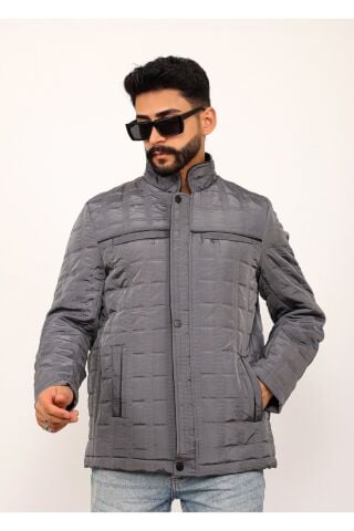 Siyah Kareli Regular Fit Erkek Kapitone Mont Kaban Gri̇ - 2XL