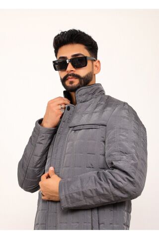 Siyah Kareli Regular Fit Erkek Kapitone Mont Kaban Gri̇ - 2XL