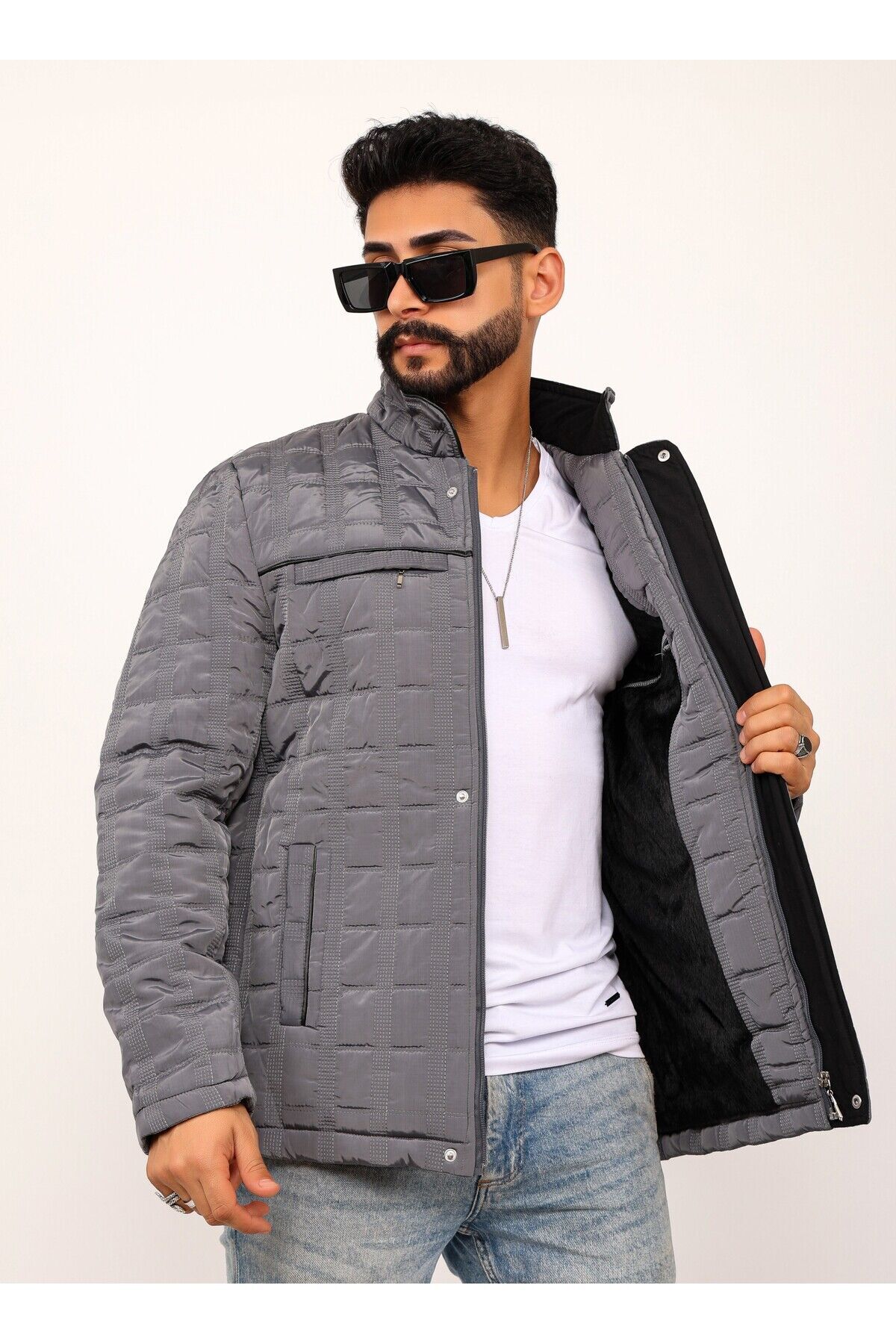 Siyah Kareli Regular Fit Erkek Kapitone Mont Kaban Gri̇ - 2XL