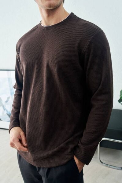 Erkek Bisiklet Yaka Çizgili Triko Oversize Kazak Kahverengi̇ - L