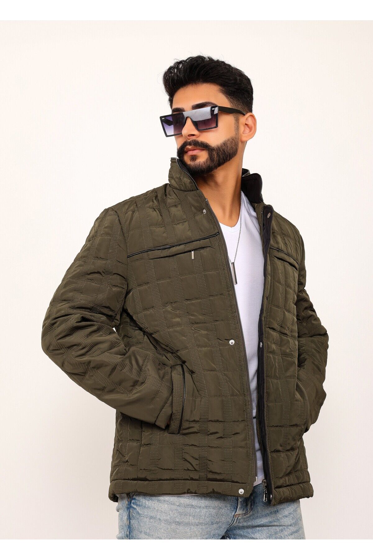 Siyah Kareli Regular Fit Erkek Kapitone Mont Kaban Haki̇ - XL