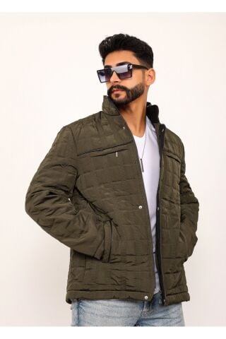 Siyah Kareli Regular Fit Erkek Kapitone Mont Kaban Haki̇ - XL