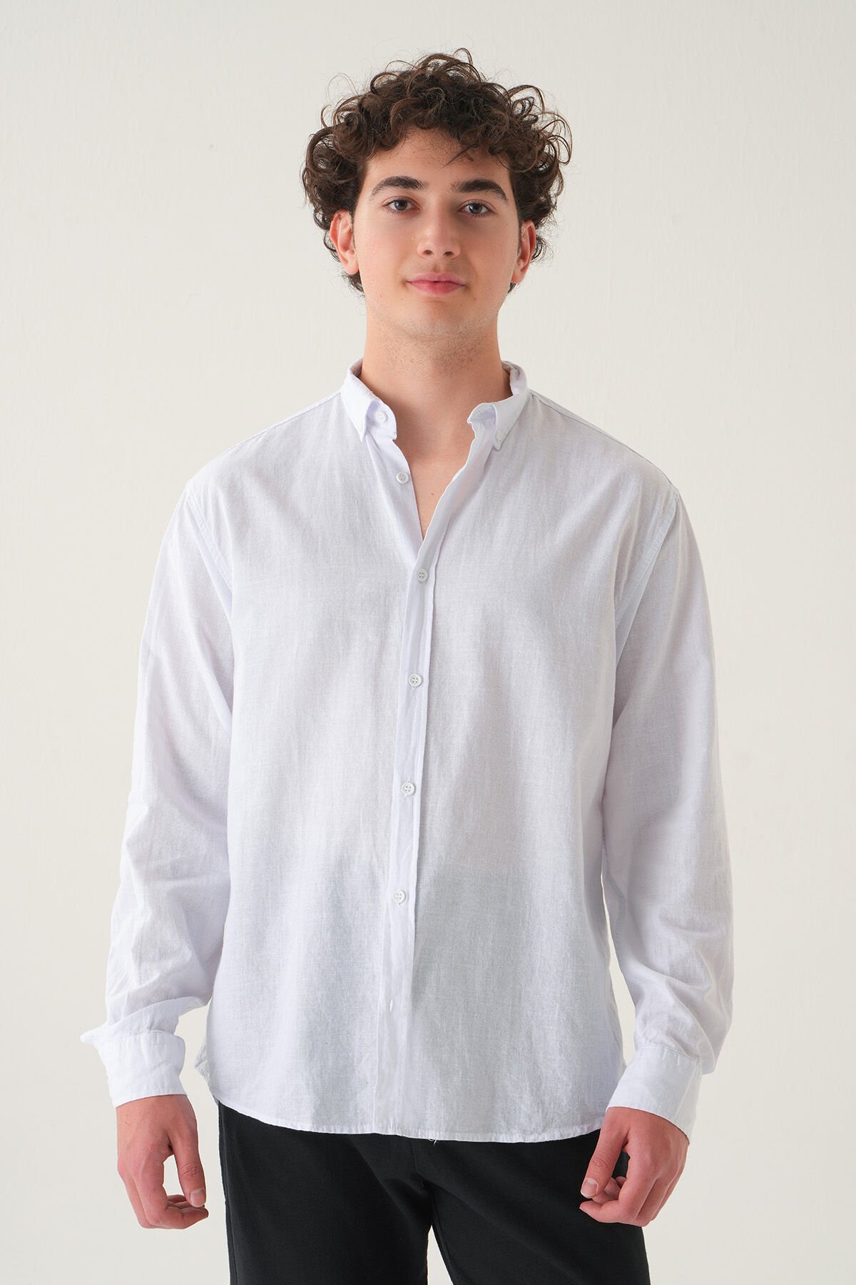 Oversize Düz Gömlek | Keten Kumaş Erkek XL - Beyaz