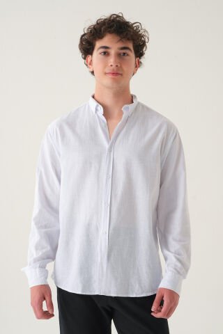 Oversize Düz Gömlek | Keten Kumaş Erkek XL - Beyaz