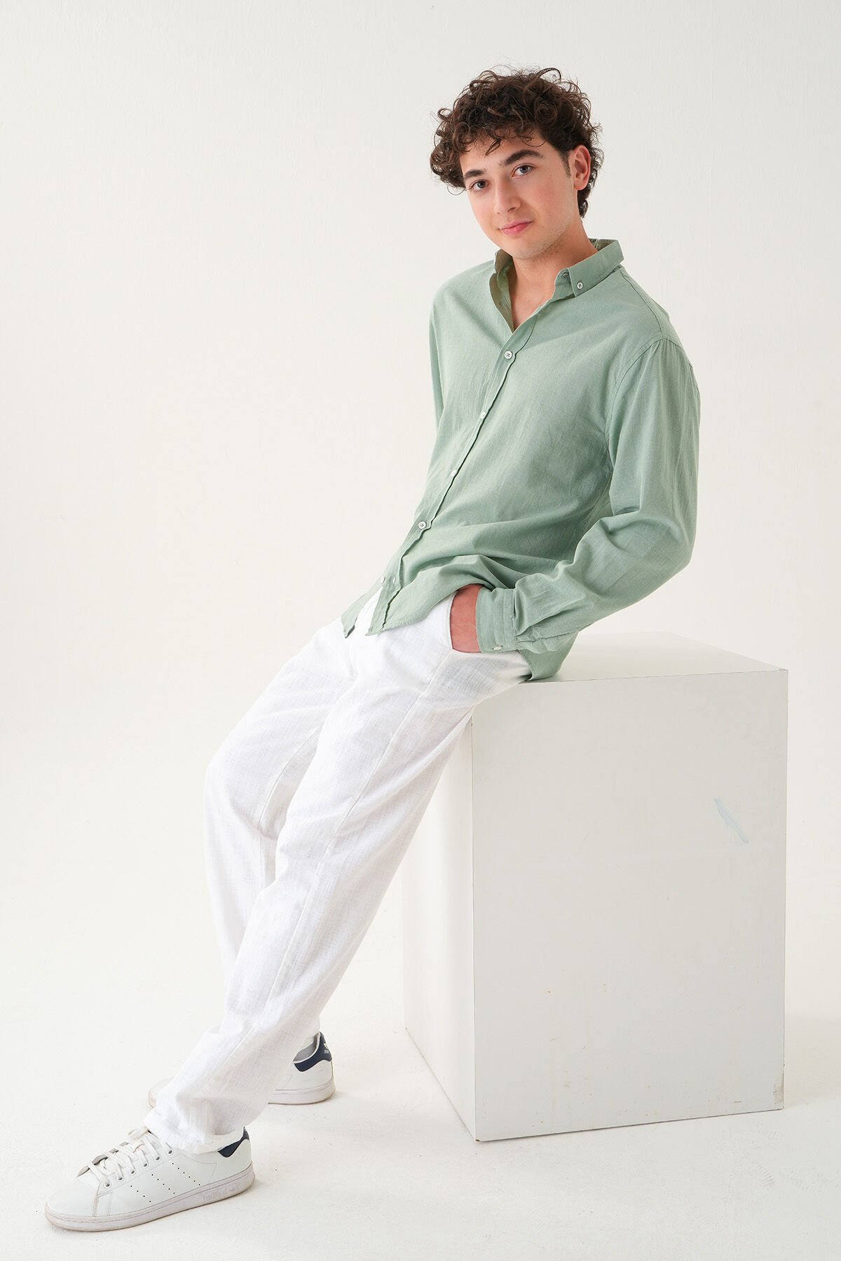 Oversize Düz Gömlek | Keten Kumaş Erkek XL - Mint Yeşil