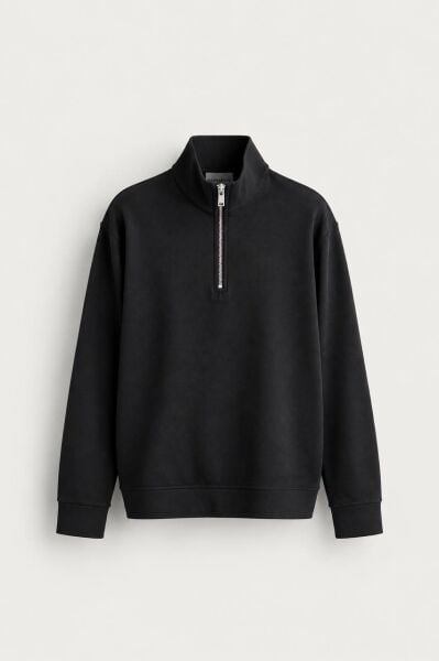 Erkek Yarım Fermuar Kazak Swaetshirt Si̇yah - XL