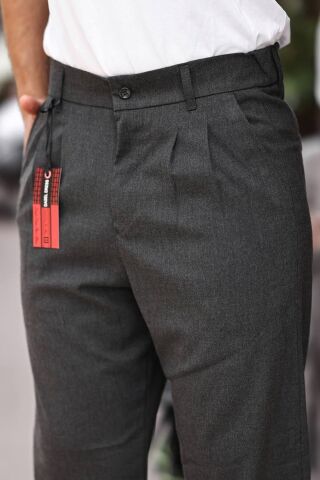 Erkek Baggy Pileli Bol Kalıp Kumaş Pantolon Füme - M