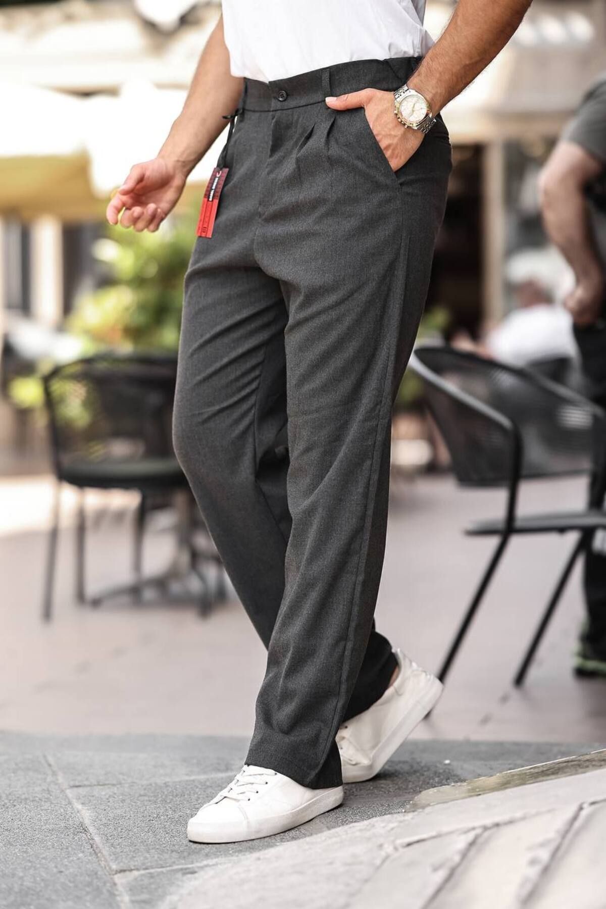 Erkek Baggy Pileli Bol Kalıp Kumaş Pantolon Füme - M