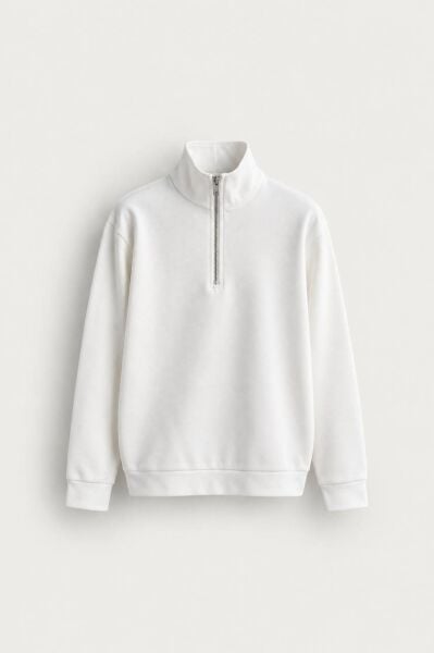 Erkek Yarım Fermuar Kazak Swaetshirt Beyaz - XL
