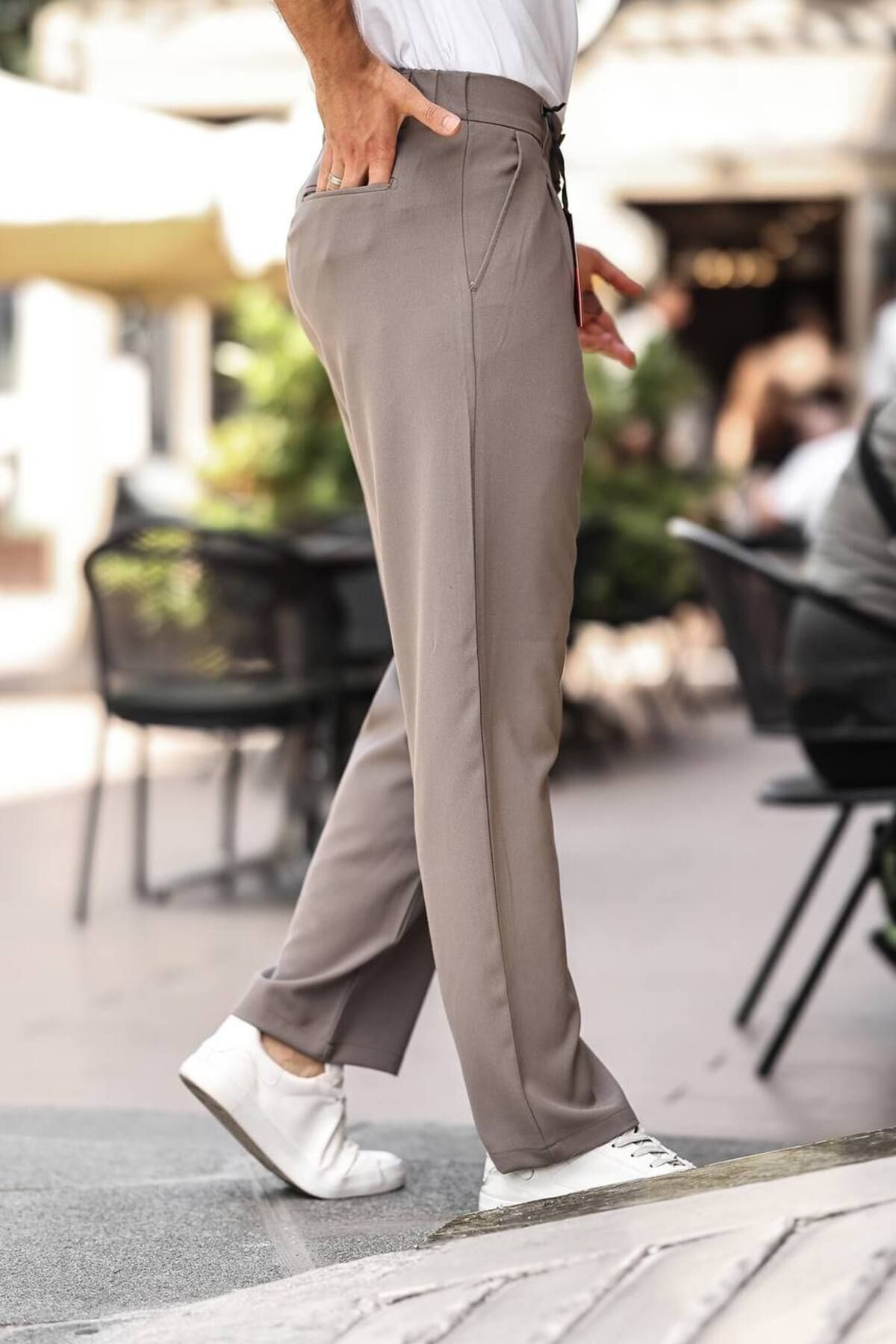 Erkek Baggy Pileli Bol Kalıp Kumaş Pantolon Vizon - M